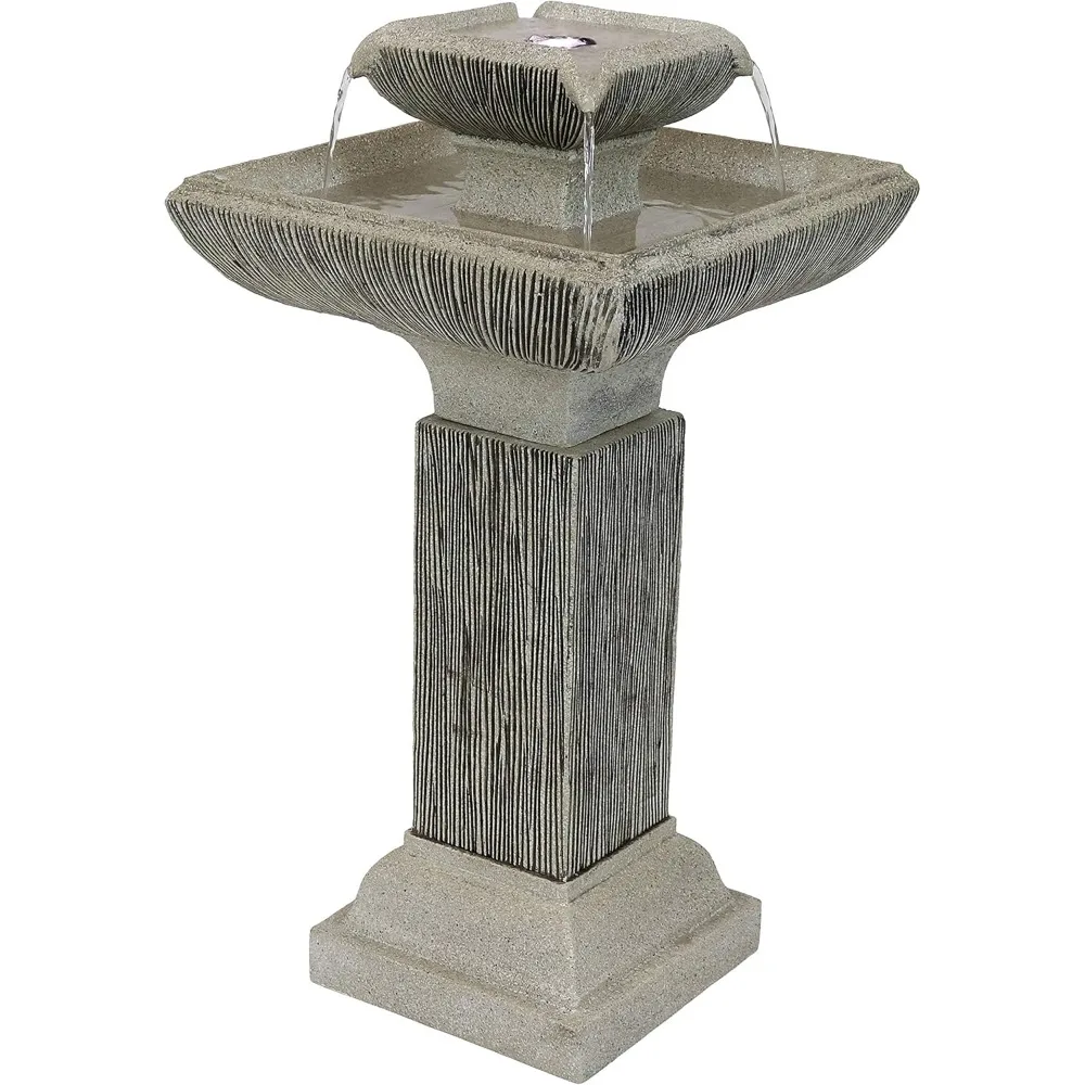 

25-Inch Square 2-Tier Outdoor Bird Bath Water Fountain, LED Lights, Electric Submersible Pump with Adjustable Flow