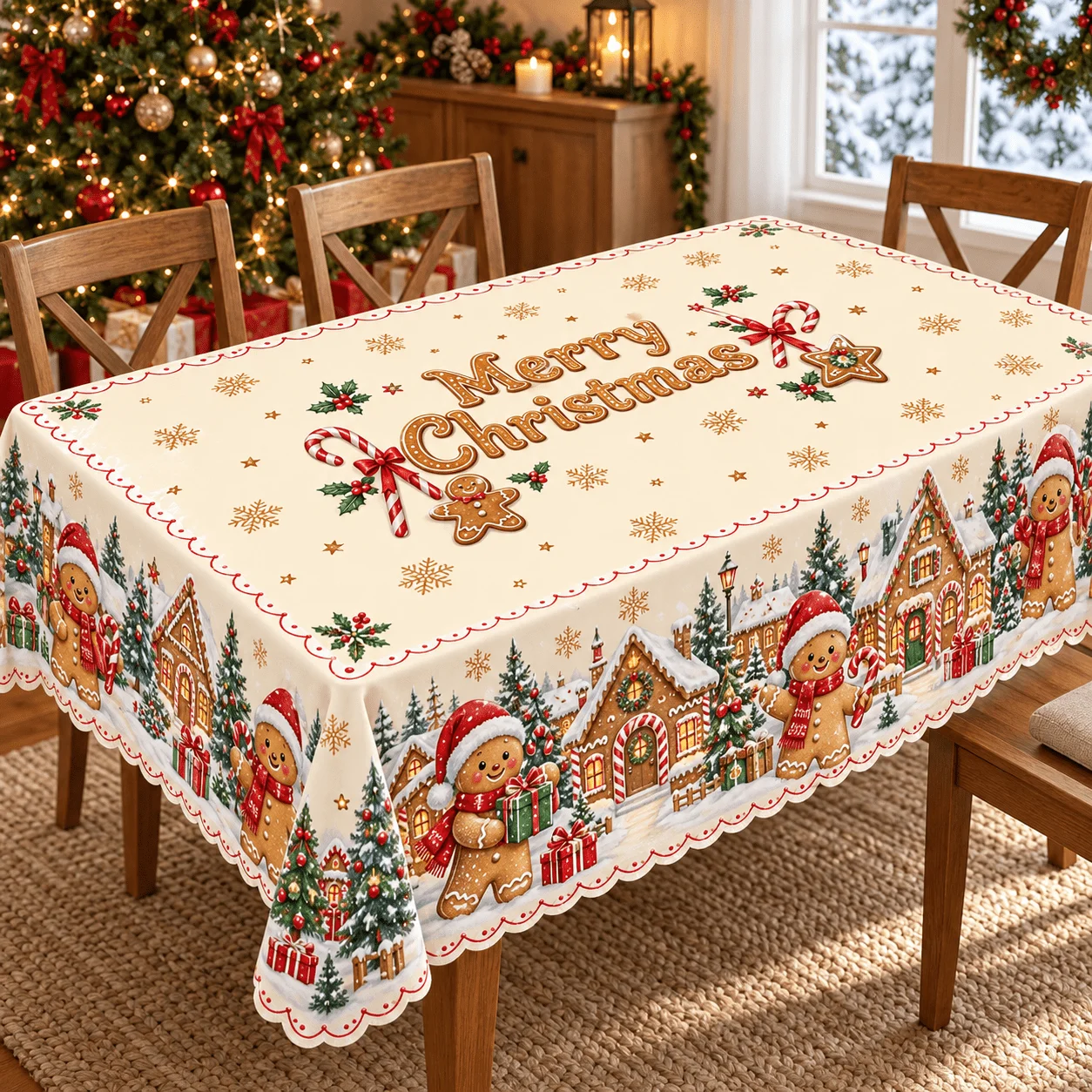 1 rectangular tablecloth, cream base with cute gingerbread man, candy cane, snow hut and Christmas tree print