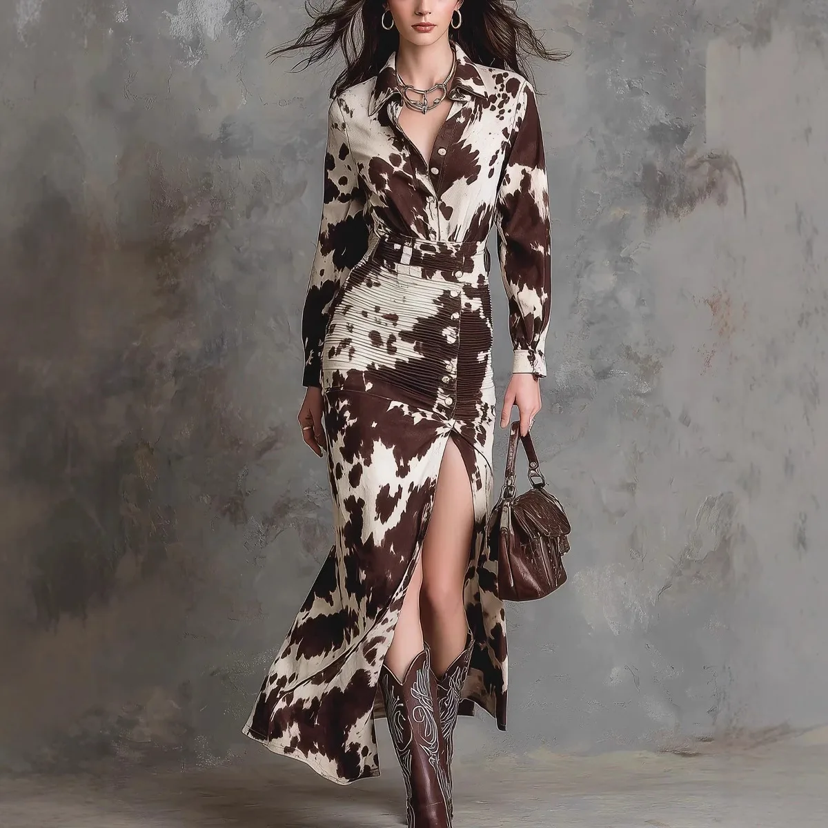 Vestido largo irregular con botones y manga larga, estilo cárdigan, estampado digital, para mujer, tendencia de moda 2026