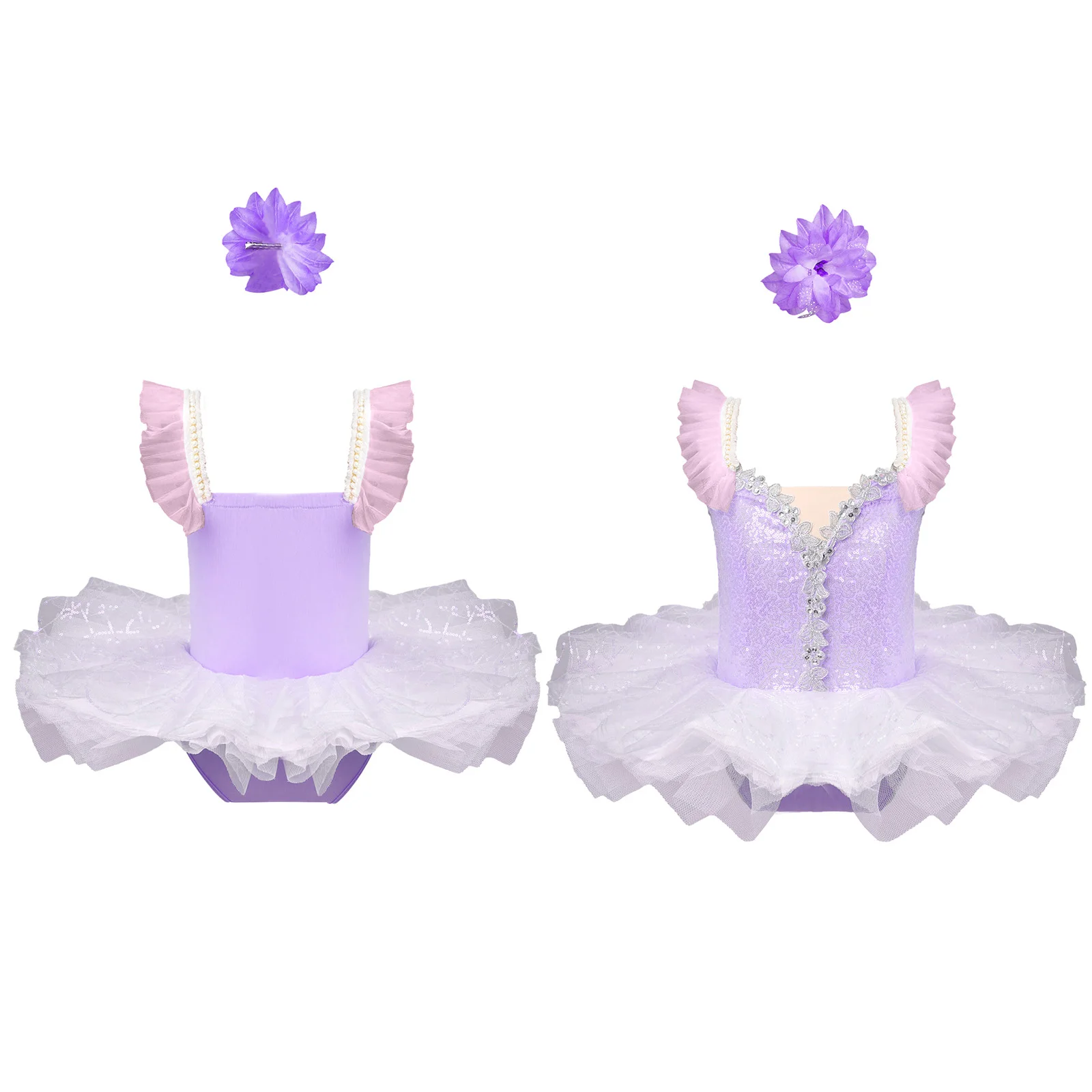 

Girls Ballet Dance Costume Shiny Sequins Dress with Adjustable Shoulder Straps+Floral Headwear for Stage Performance Costume