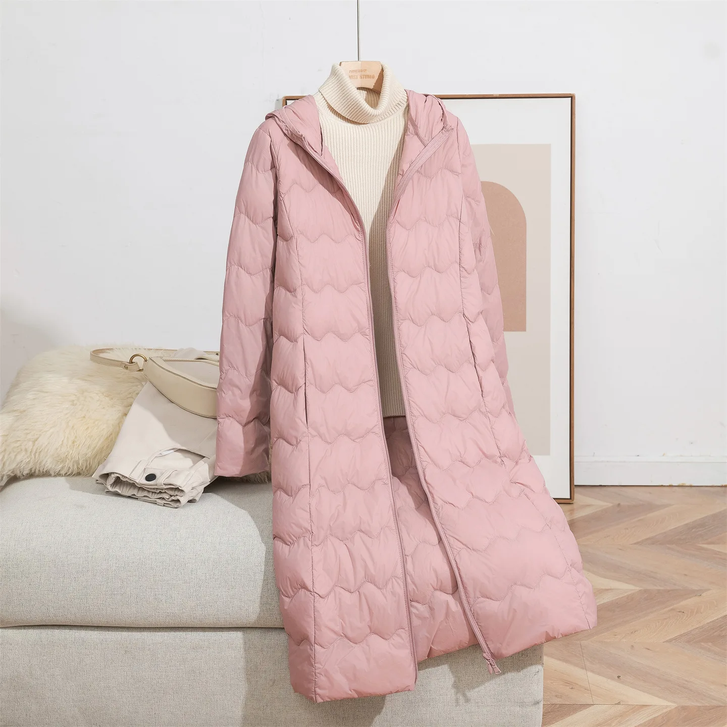 Chaqueta acolchada larga con capucha para mujer, abrigo acolchado ligero sencillo de Color sólido para invierno, abrigo grueso informal americano a la moda