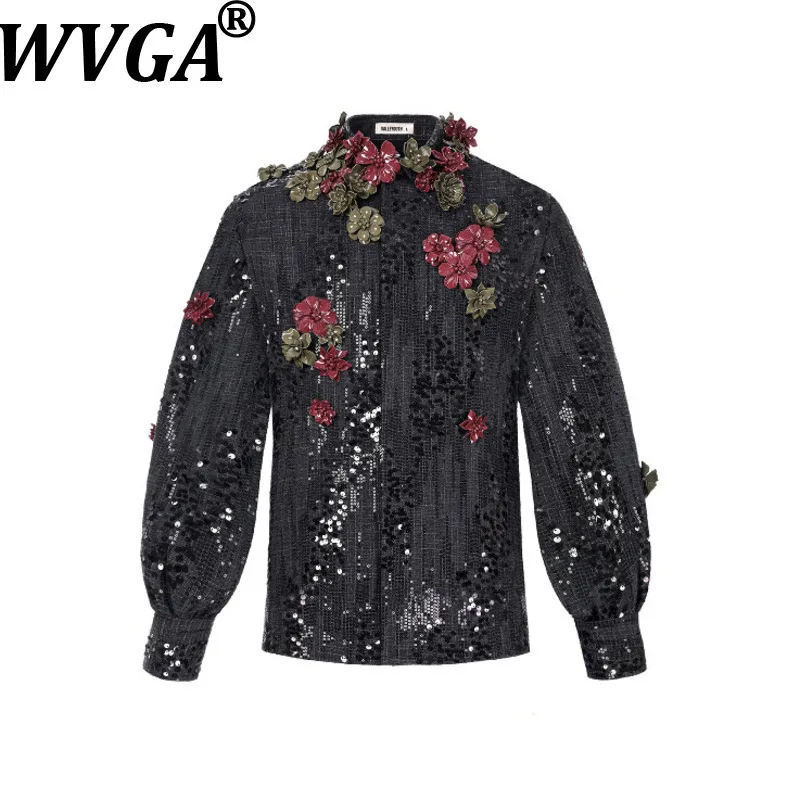 

WVGA New Men Spring Autumn Flower 3D Floral Sequin Full Embroidery Stylish Shirts Niche Chic Casual Turn-Down Collar Tops W18666