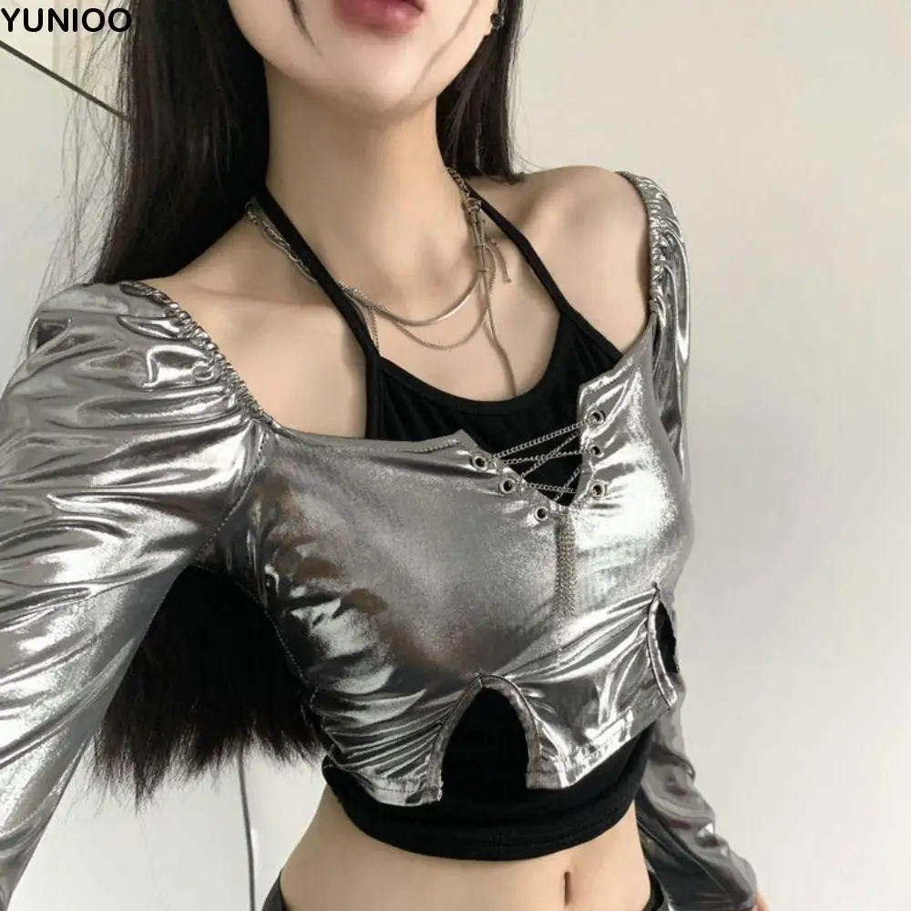 

Korean Glossy Long Sleeve T Shirt Ins Pullover Y2K Slim Crop Tops Personality Patchwork Fake Two-pieces Shirts Streetwear