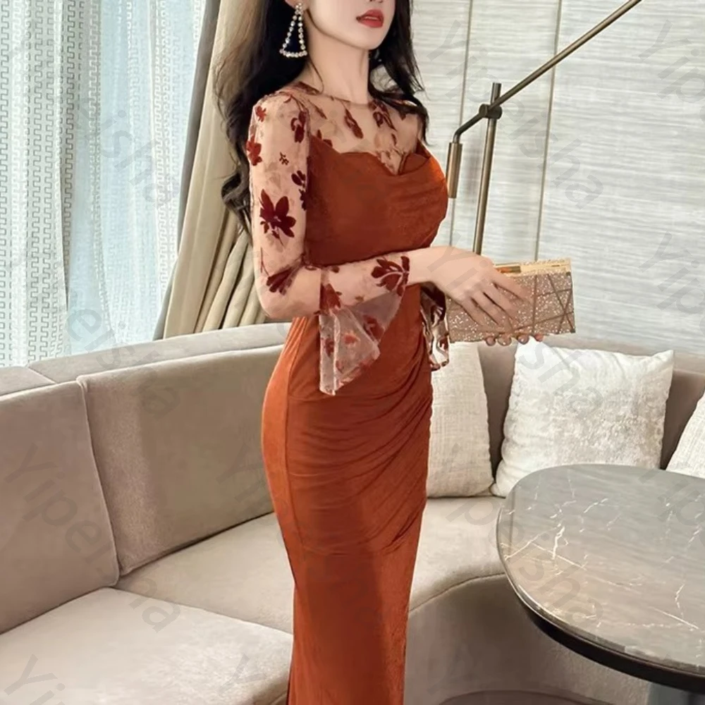 エレガントな O ネック長袖イブニングドレスセクシーなプリーツセレブドレス絶妙な高品質プロムパーティードレス女性カスタマイズ