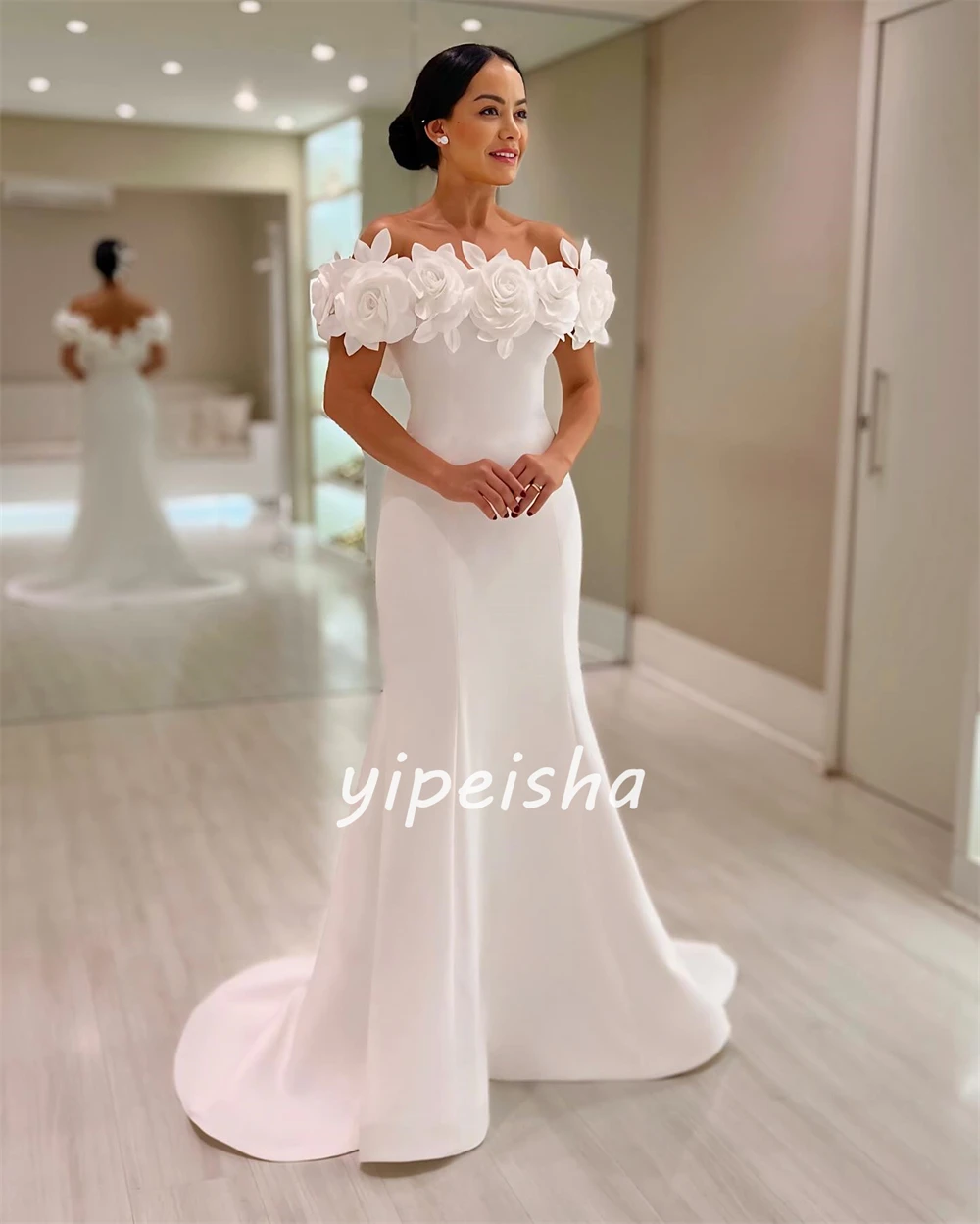 Customized Evening  Sexy Casual  Jersey Flower Draped Pleat Celebrity Mermaid Off-the-shoulder Bespoke Occasion Gown Long Dresse