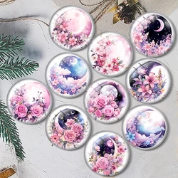 Watercolor Pink Floral Moon  10pcs 12mm/16mm/18mm/25mm Round Photo Glass Cabochon Demo Flat Back Making findings