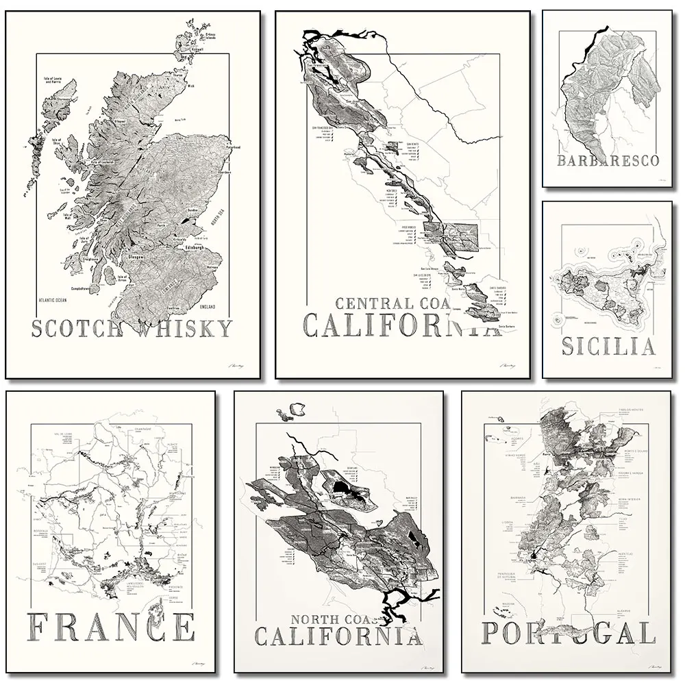 Mapa de whisky de Escocia, mapa de vino de Portugal, Barbaresco, mapa de vino, póster, pintura en lienzo, impresiones artísticas, decoración del hogar