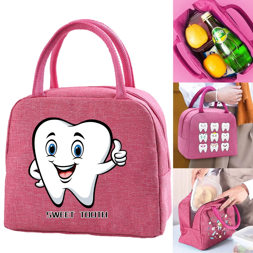 Fashion Lunch Bags for Women Lunch Box Portable Cooler Tote Thermal Picnic Bag Teeth Pattern Thermal Insulated Bag for Work New
