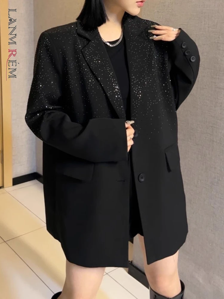 LANMREM Black Blazer Coat For Women Notched Collar Long Sleeves Sequins Loose Style Office Lady Chic Clothing 2024 New 2DA5460