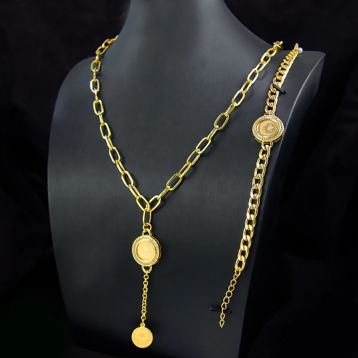 Dubai Vintage Coins Charm Jewelry Set 21k Gold Plated Turkish Bridal Zirconia Necklace Nigeria Muslim Women Wedding Jewelrys