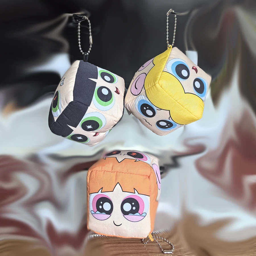 Powerpuff Girls 7cm Cube Plush Keychain Official Blossom Bubbles Buttercup Dice Shape Soft Toy Cute Cartoon Hanging Ornament