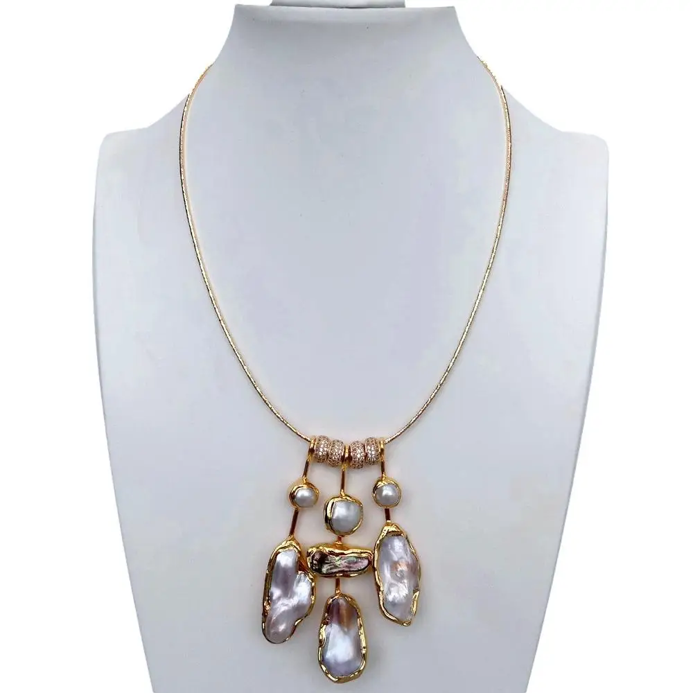 YYGEM 20x35mm Cultured Biwa Pearl Sea Shell Pearl Choker Charm Gold Plated Necklace Jewelry For Women