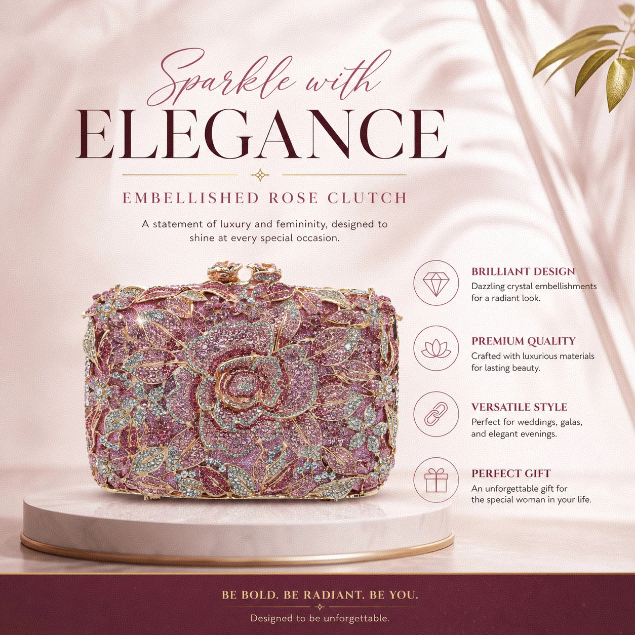 Women Pink Crystal Rose Clutch Bag Luxury Rhinestone Floral Evening Handbag Wedding Party Bridal Hard Box Purse view 5