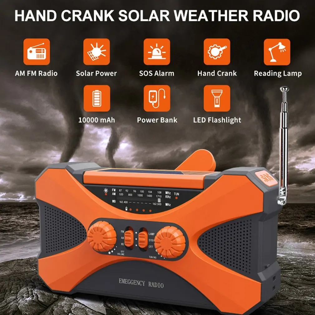 Rádio de emergência solar portátil, rádios de manivela, rádio meteorológico, lanterna LED, alarme SOS, Power Bank, AM, FM, WB, NOAA, 10000mAh