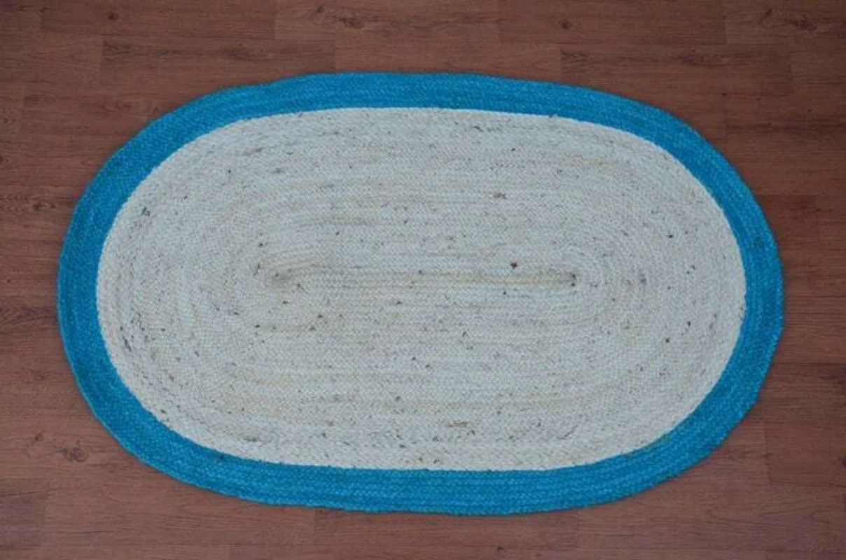 Off White with Sky Blue Border Braided Oval Jute Rug Home Decor Jute Oval Runner