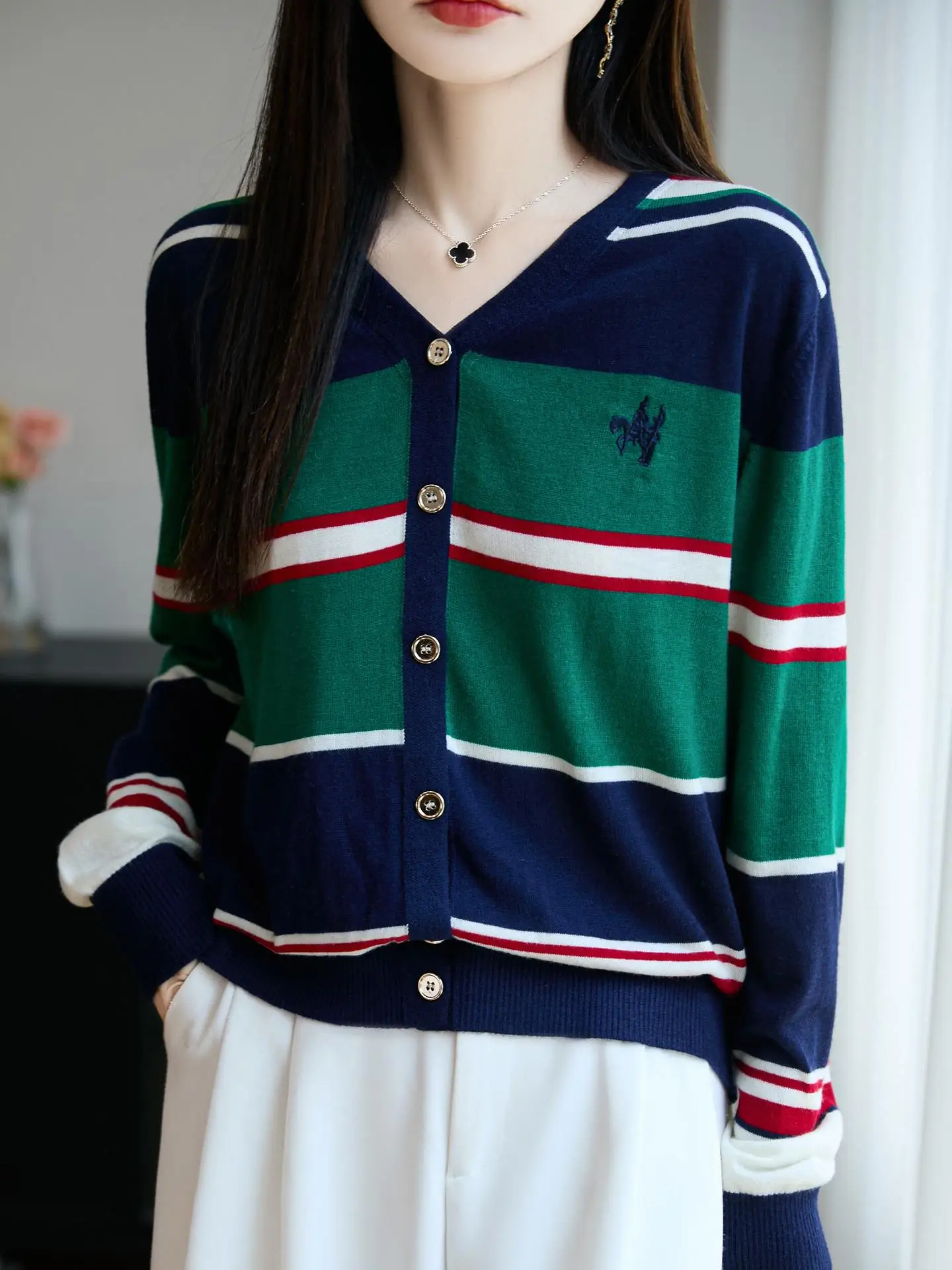 

Briti Sle Color Blo Stripe V Ne вязаный открытый кардиган женский повседневный антивозрастной длинный свитер с вышивкой Jaet