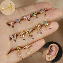 1PC New Stainless Steel Zircon Bow Stud Earrings For Women Titanium Steel Ear Bone Screws Cartilage Earring Piercing Jewelry