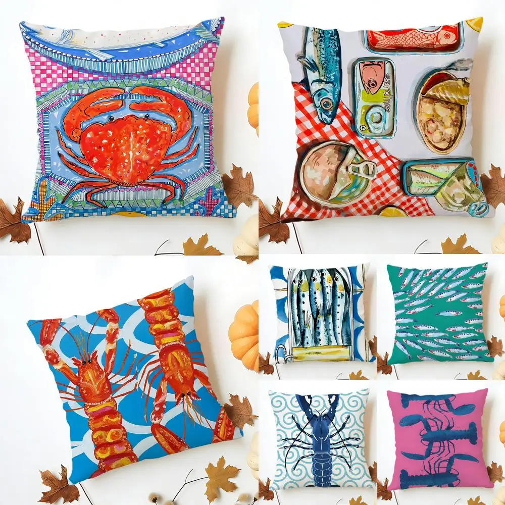Fresh Vibrant Sardine Lobster Fish Ocean Cushion Cover Sofa Home Decor Living Room Accessory Holiday House Cushion Shell