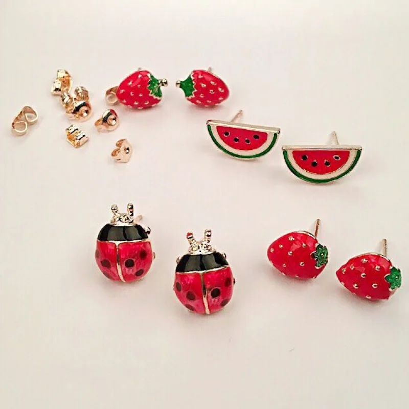 New Fashion Exquisite Summer Red Strawberry Watermelon Ladybug Oil Drop Earrings For Temperament Women Jewelry Gift Wholesale