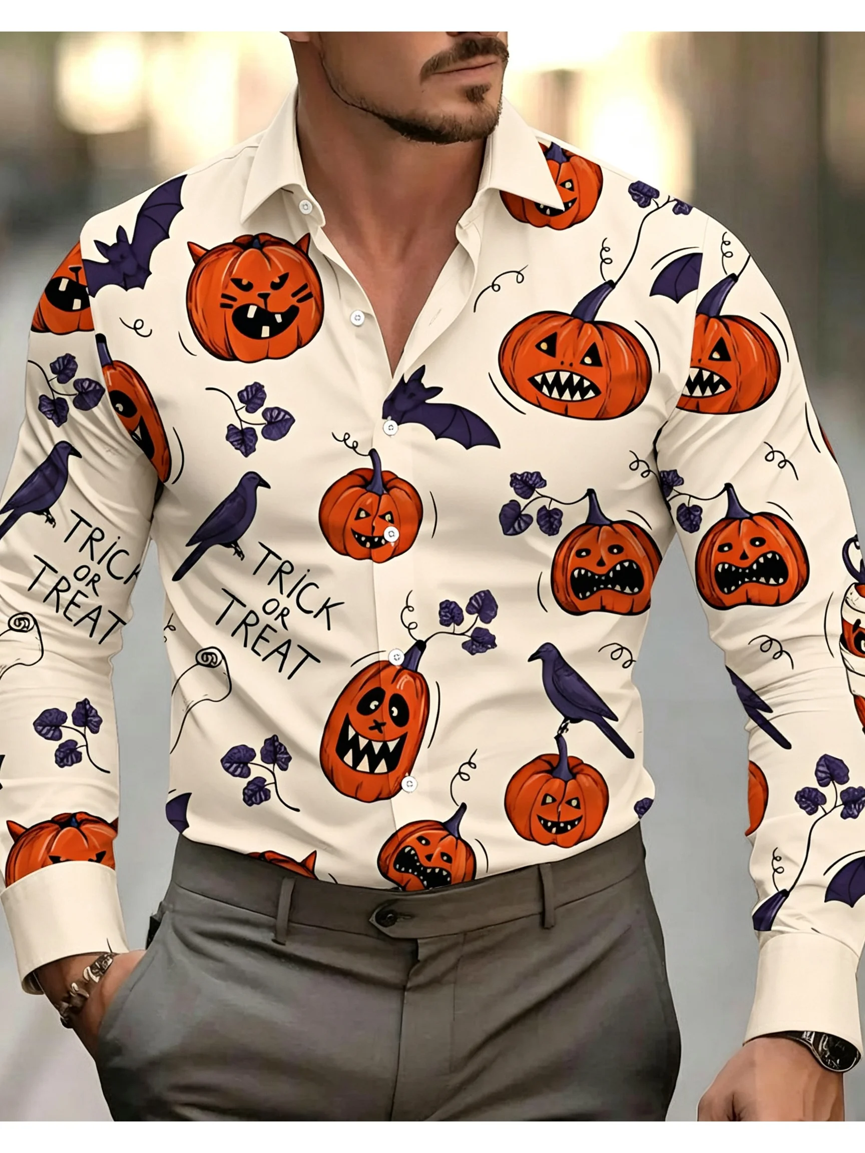 Men Long Sleeve Button Down Shirt Cream Base Pumpkin Bat Crow Print Polyester Lapel Collar Halloween