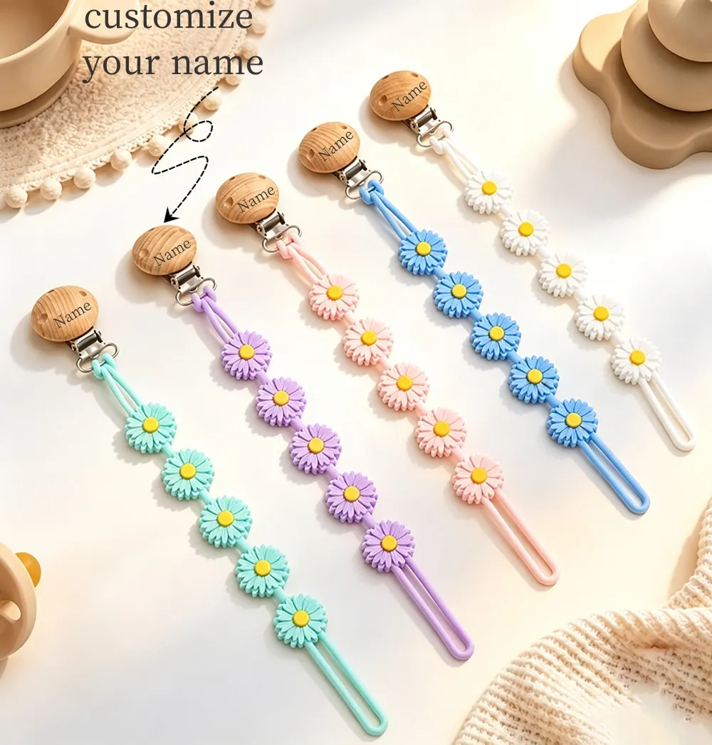 Custom Name Silicone Daisy Flower Pacifier Clip Wooden Engraving Baby Dummy Holder Chain Silicone Teether Chain Personalized