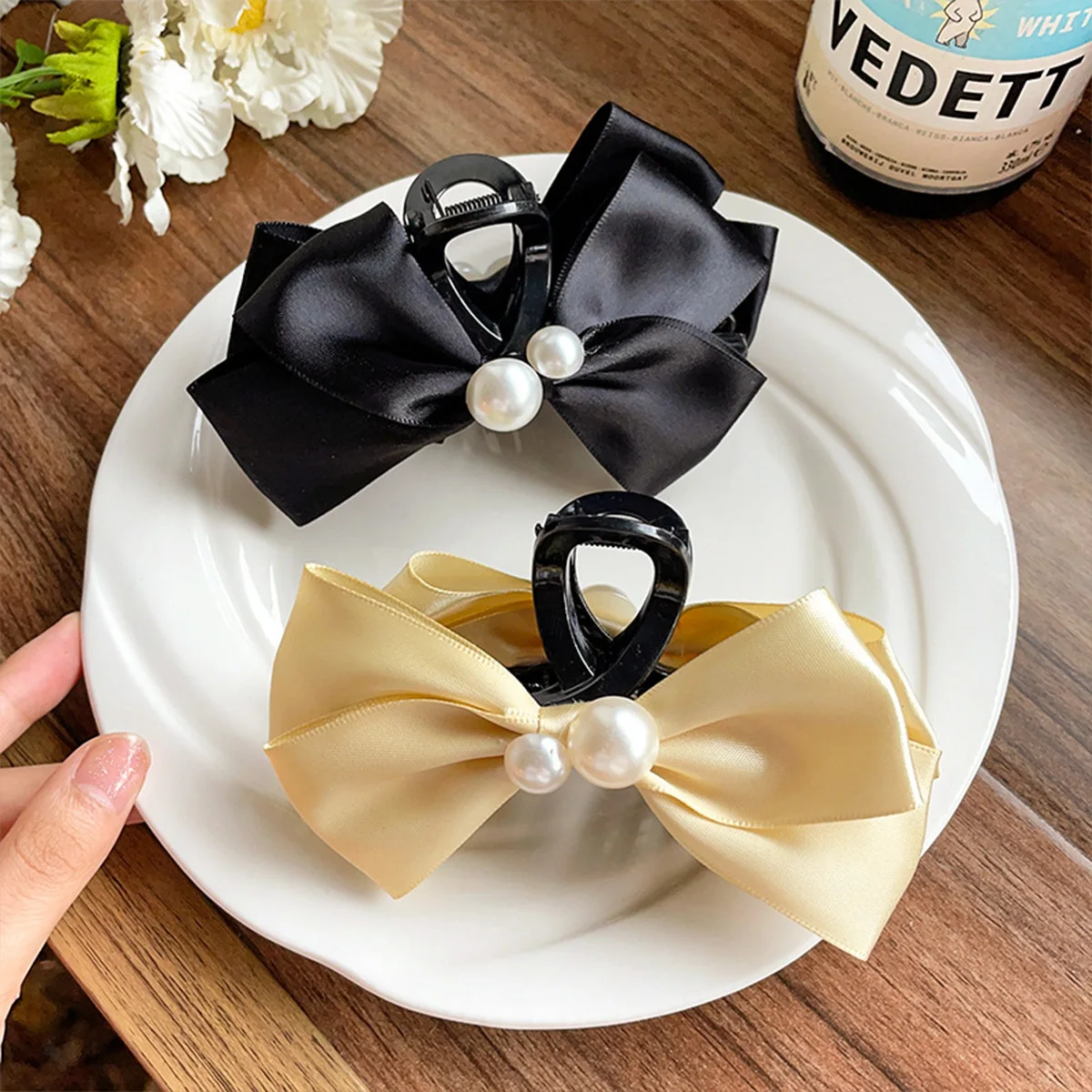 Pinza de pelo grande con lazo de perlas para mujer, Clip de tiburón con temperamento, accesorios para el cabello para chicas