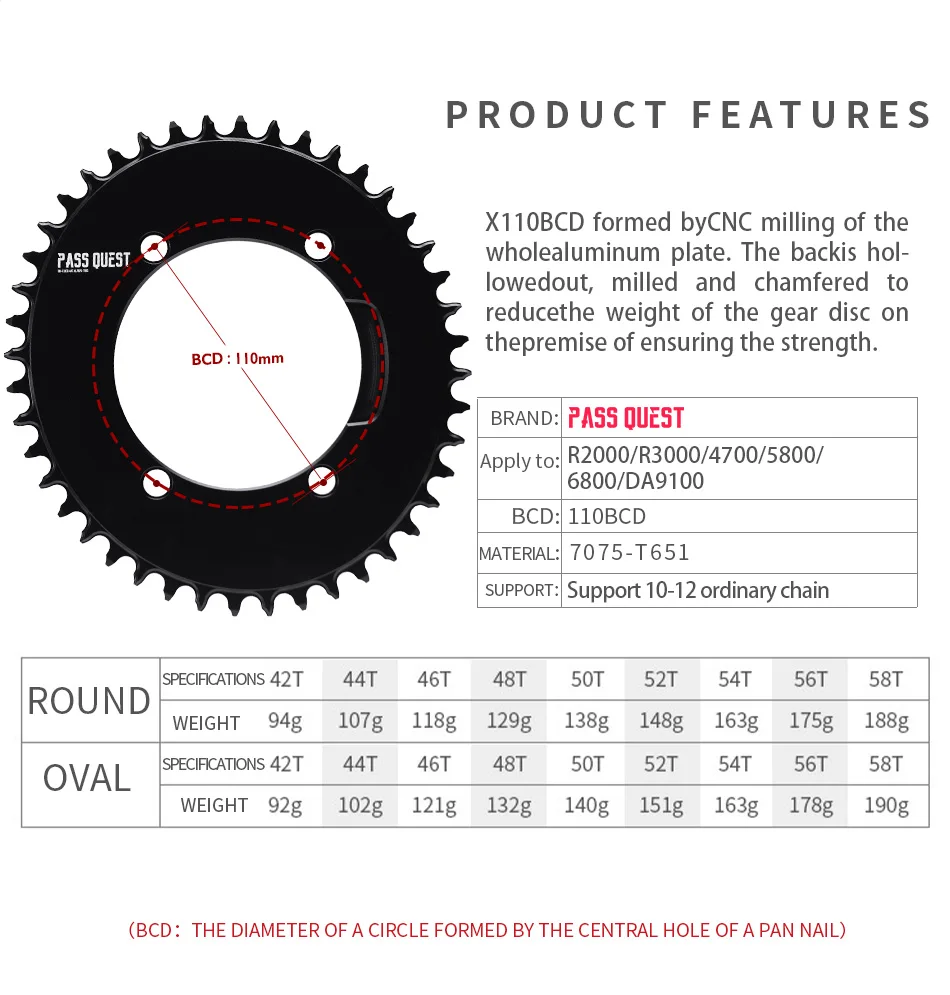 PASS QUEST X110BCD AERO Narrow Wide Chainring for R3000/4700/5800/6800/DA9000 Chainwheel BLACK Gravel Folding Bike Available