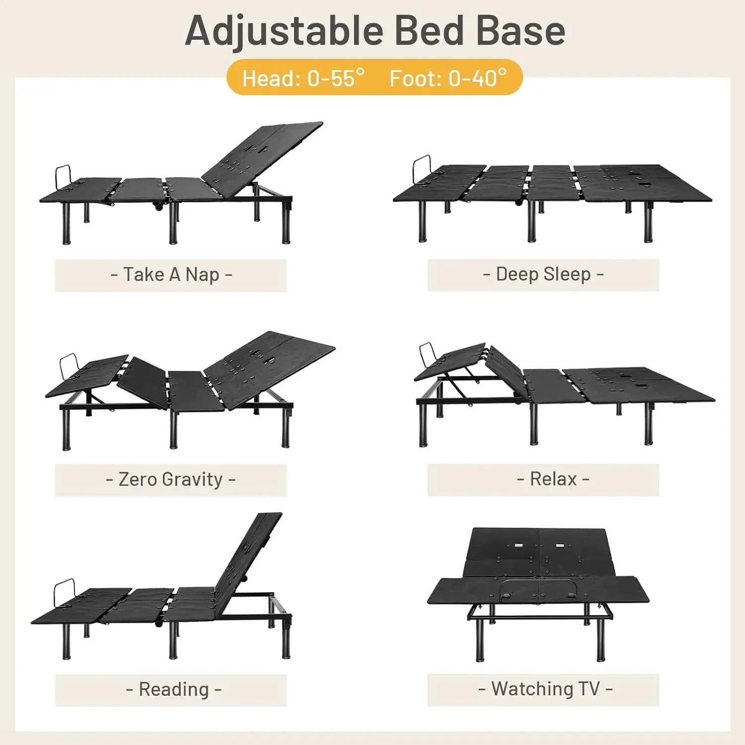 Adjustable Bed Base w/Wireless Remote Control, Electric Bed Frame w/Dual USB Ports & Under Bed LED Lights Adjustable Head & Foot