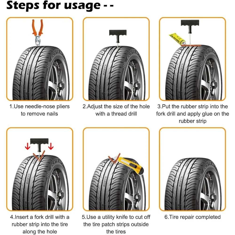 Tubeless Tire Repair Kit Tools T-Handle Plugger Tire Repair Repair Strings Rubber Strips Repair Plugs Rubber UTV ATV,Pack of 6