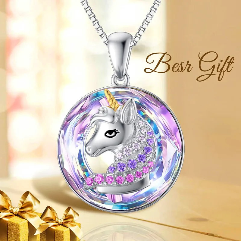 Exquisite Ladies Fashion Income Unicorn Pendant Necklace Colorful Round Animal Crystal Jewelry Anniversary Bride Wedding Gift