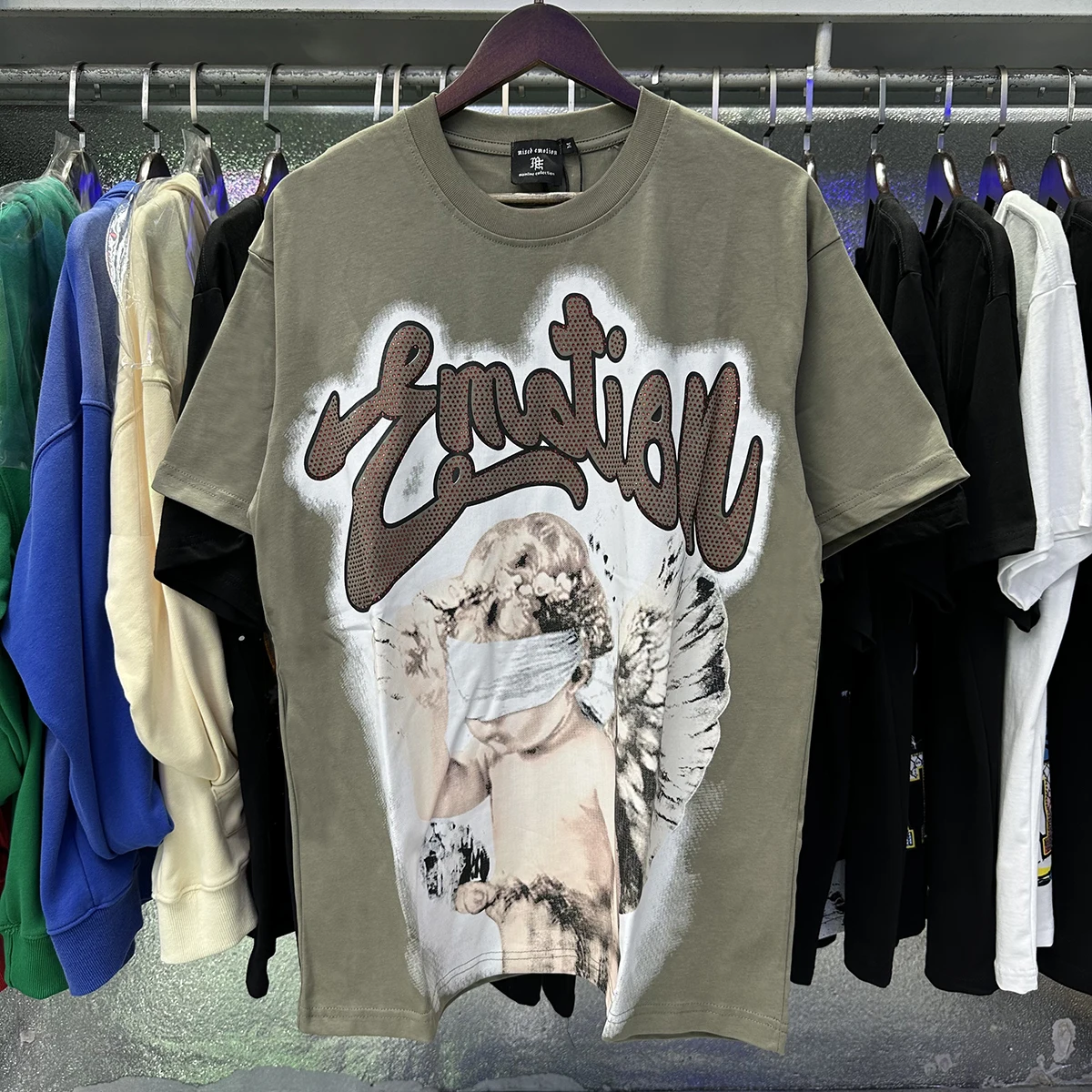 

High Quality Summer Vintage Mixed Emotion Rhinestone Letter Print T shirts Shorts Sleeve Cotton Men's Loose Oversize Tops Tees