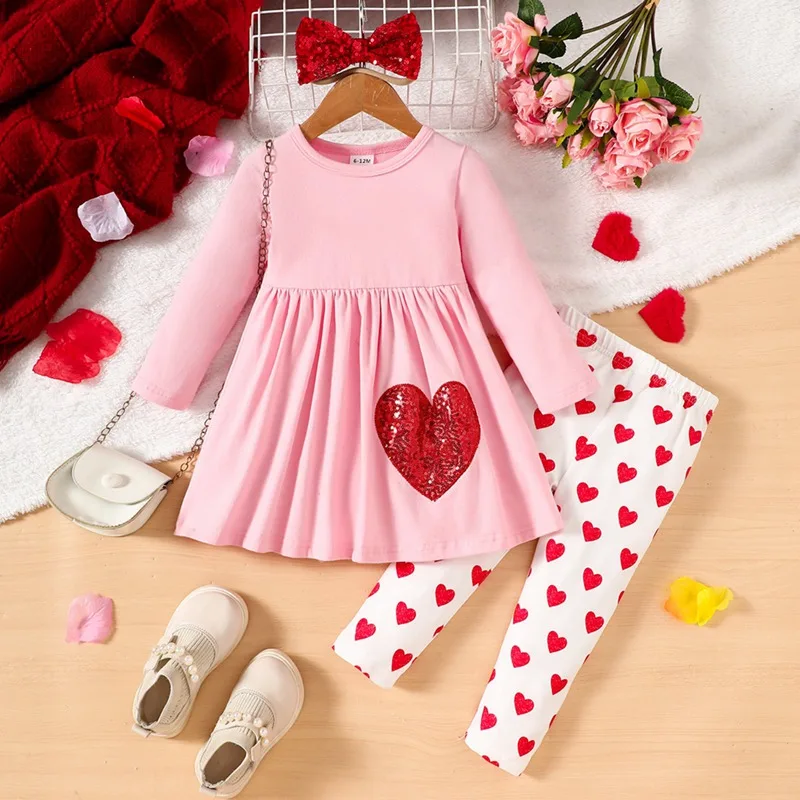 

Spring Autumn Kids Girls Clothes Suit Outfit Love Heart Pattern Round Neck Long Sleeve Tops Long Pants 2Pcs Fashion Set