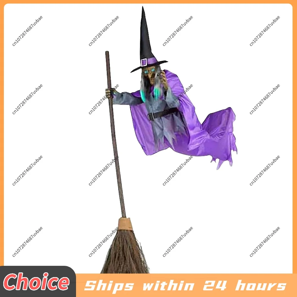 Flying Witch Decoration with Terrifying Sounds & Lights Halloween Props Flying Witch Decor for Garden Yard Lawn Indoor
