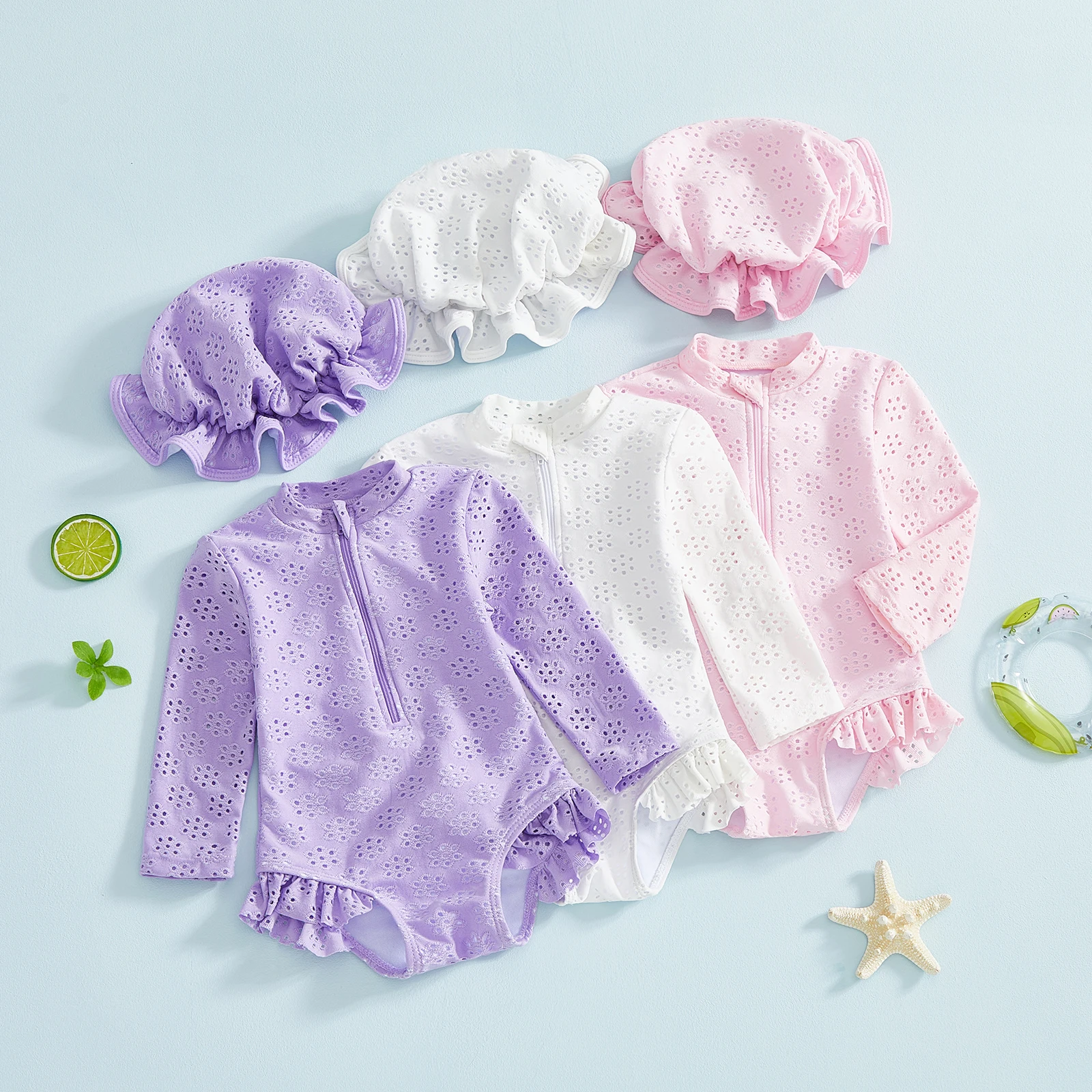 

Infant Baby Girl Swimsuit Summer Rash Guard Toddler Solid Long Sleeve Bathing Suit With Hat Swimwear Children Beachwear