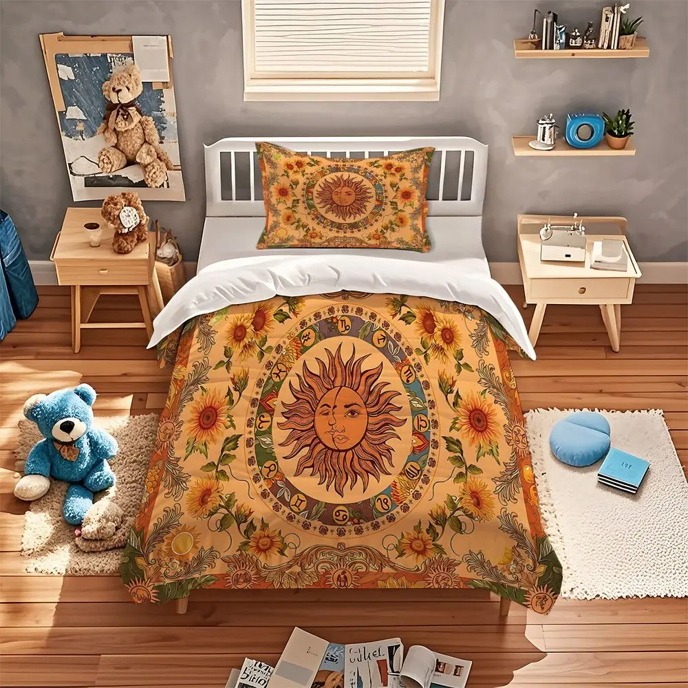 Duvet Cover Set Vintage Sun Zodiac Sunflower Comforter Cover Bedding Set No Filler Digital Print Boho Bedroom Home Decor