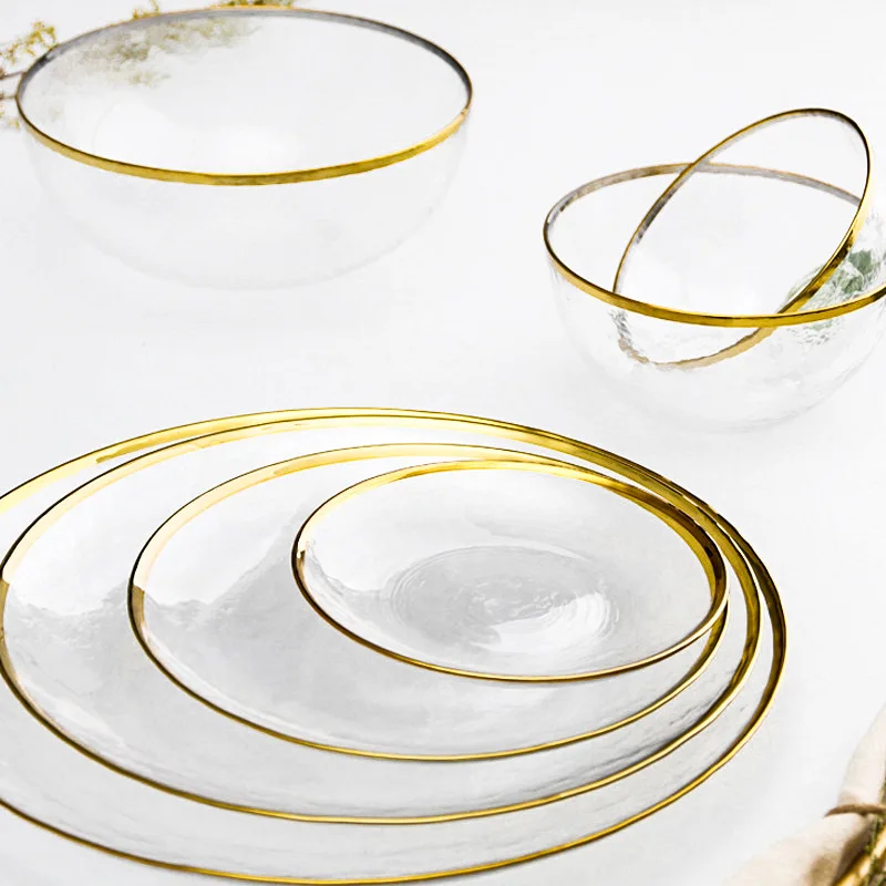 Clear Glass Dining Plates, Salad Dishes and Bowls, Gold Plated Edge Service Plate, Dinnerware