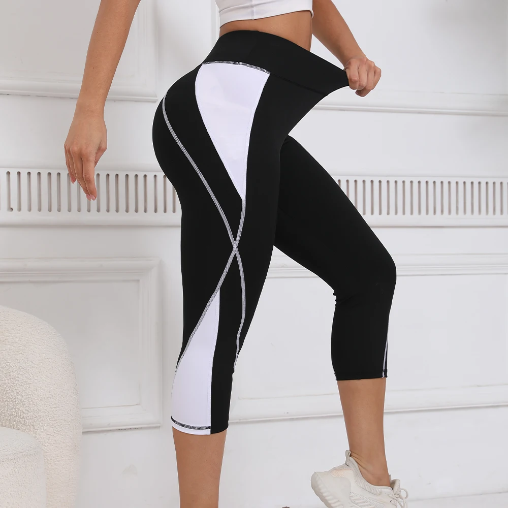 

Women's High Waist Black and White Patchwork Cropped Yoga Pants Outdoor Activities Sports Gym Fitness Gym and Daily Wear S-XXL