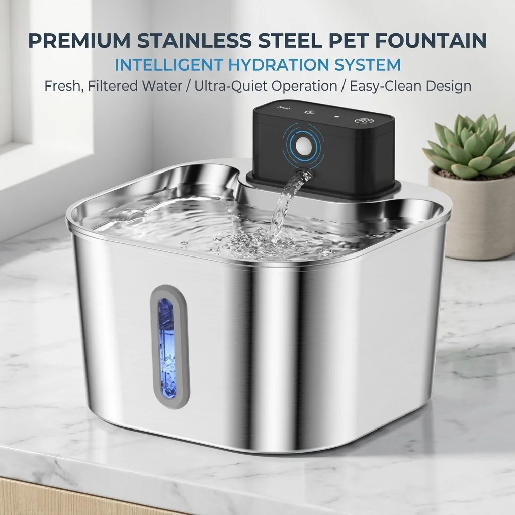 Fuente de agua inalámbrica recargable de acero inoxidable de 2 litros para gatos, dispensador de agua para mascotas con filtro, fuente de agua para perros y gatos.