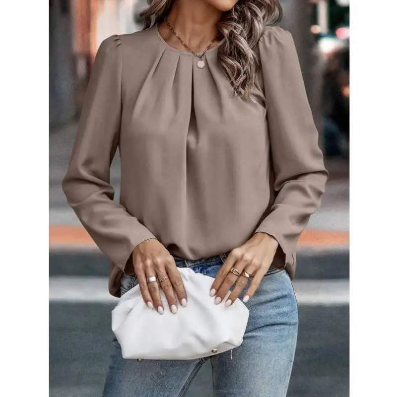 Long Bubble Sve irt New Sle Pure Color Spring Autumn Casual Pure Color Long irt Women's Faion Polypropylene Material