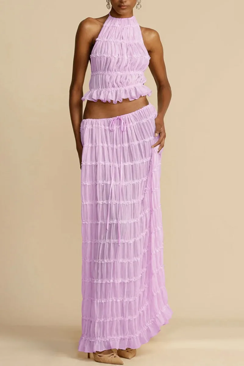 Wein Lady Woman Backless Hanging Neck Suspender Drawstring Chiffon Pleated Long Skirt Purple Sexy Summer Set Two Piece Suit