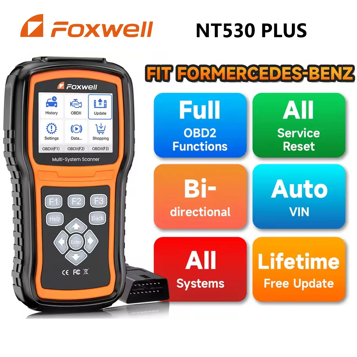 FOXWELL NT530 Plus Scanner OBD2 per Auto Mercedes Benz, Diagnostica Tutti i Sistemi, Lettore Codici Bidirezionale, Reset ABS, SRS, Airbag, SAS, TPMS, TPS, EPB, Olio