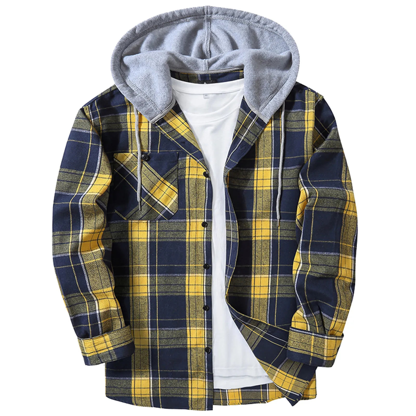 Men Casual Red Plaid Print Flannel Shirt Hooded Oversized Casual Shirt Men\'S Clothes European American Style Handsome Holiday