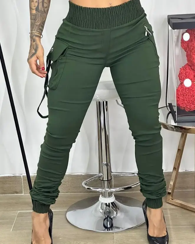 2023 New Fashion Women's Pants Elegant Band Decor Pocket Design Cargo Long Pants Trouser Casual Bottom