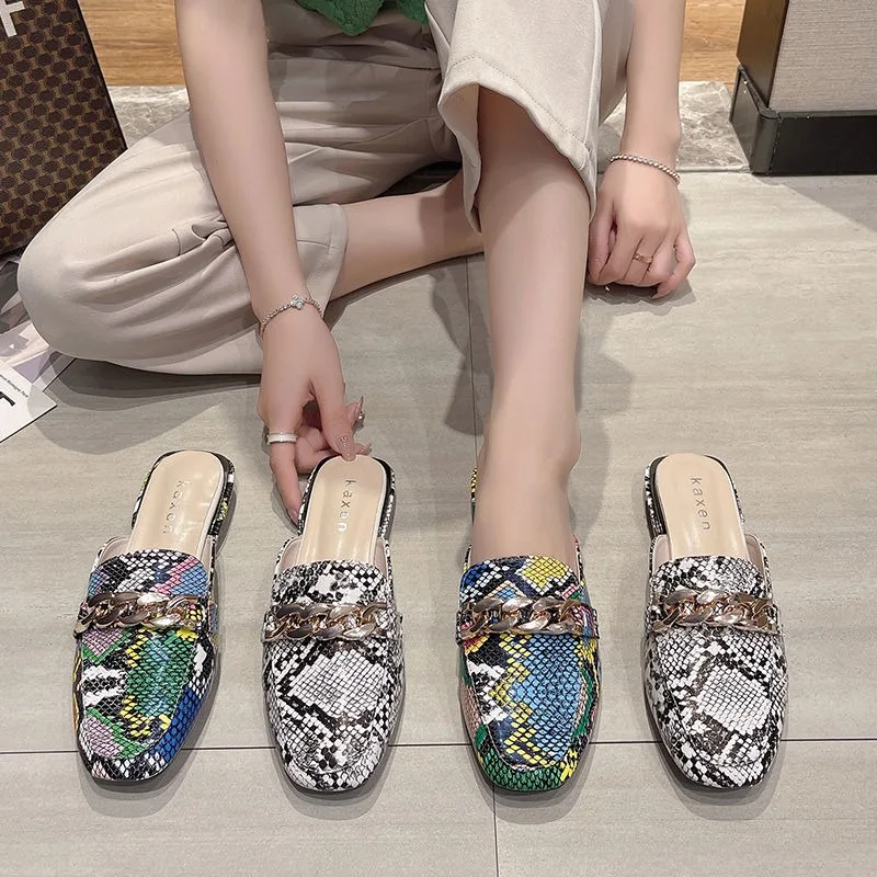 chains designer shoes mules femme slippers for woman snakeskin leather low heel mules woman fashion slides
