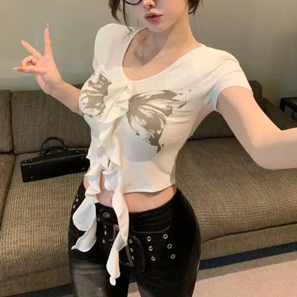 

Women Casual Crop Top Butterfly Print Crop Top Regular Length Regular Length Clothing Sweet Style All Seasons Top