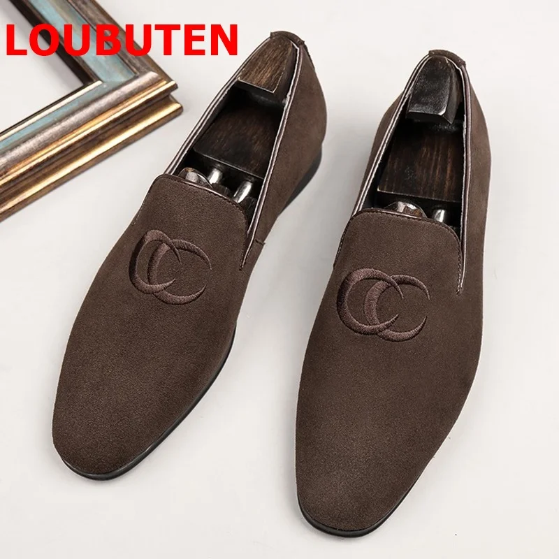 Loubuten Suède Schoenen Mode Borduren Loafers Mannen Flats Casual Schoenen Handgemaakte Jurk Schoenen Slippers Partij Schoenen