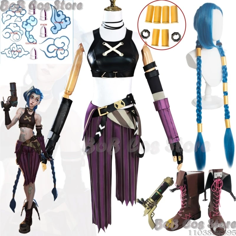 Jinx Anime Arcane LOL Game League of Legends Cosplay Costume Blue Wig Full Set Shoes Women Girl Holloween Roleplay Customized