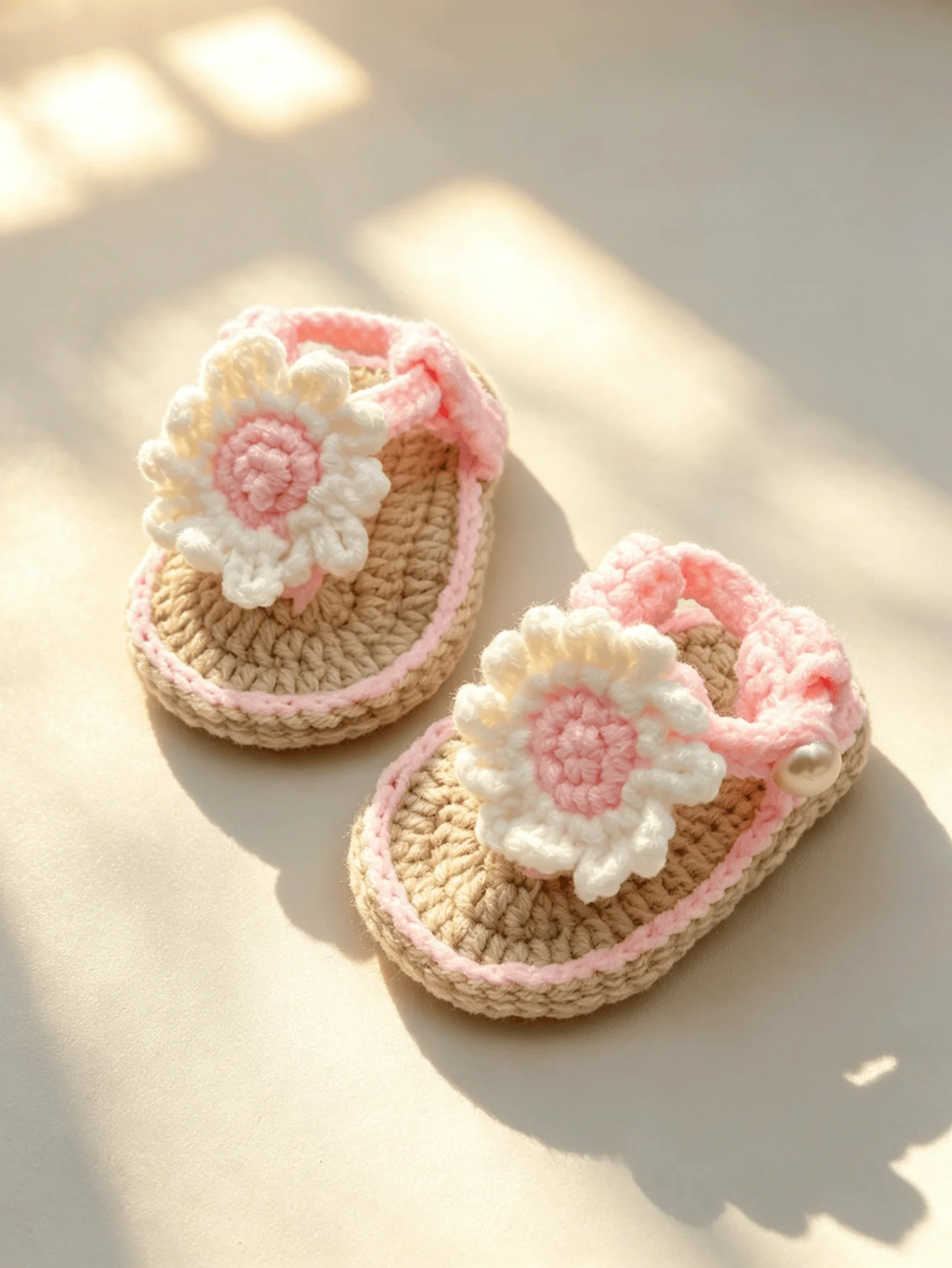 1 Pair Handmade Crochet Baby Girl Sandals, Pink and Beige, Flower Accent with Pearl, Newborn Booties