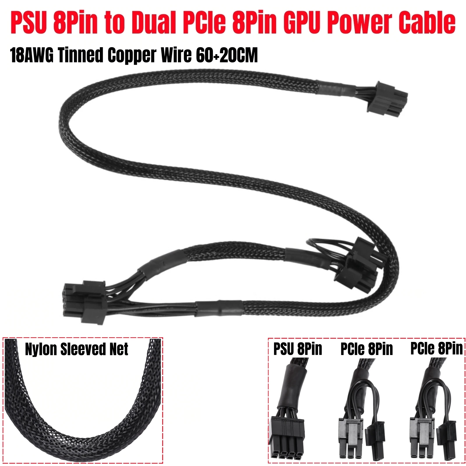 PCIe Dual 8Pin 6+2Pin Sleeved Net, GPU Cable for Corsair CX850M, CX750M, CX650M, CX600M, CX550M, CX500M, CX450M, CX430M Modulars