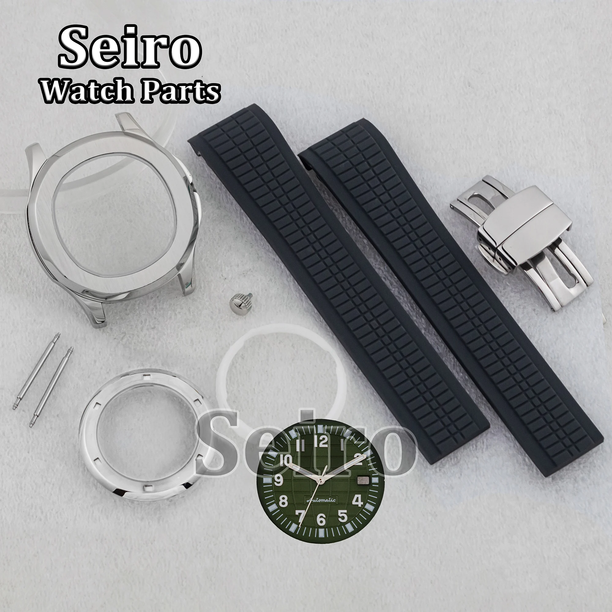 

42MM NH35 Case Rubber Strap Luminous 32MM Dial Hands Watchcase Green Gray Watchband for AQUANAUT Nautilus NH36 Movement Parts